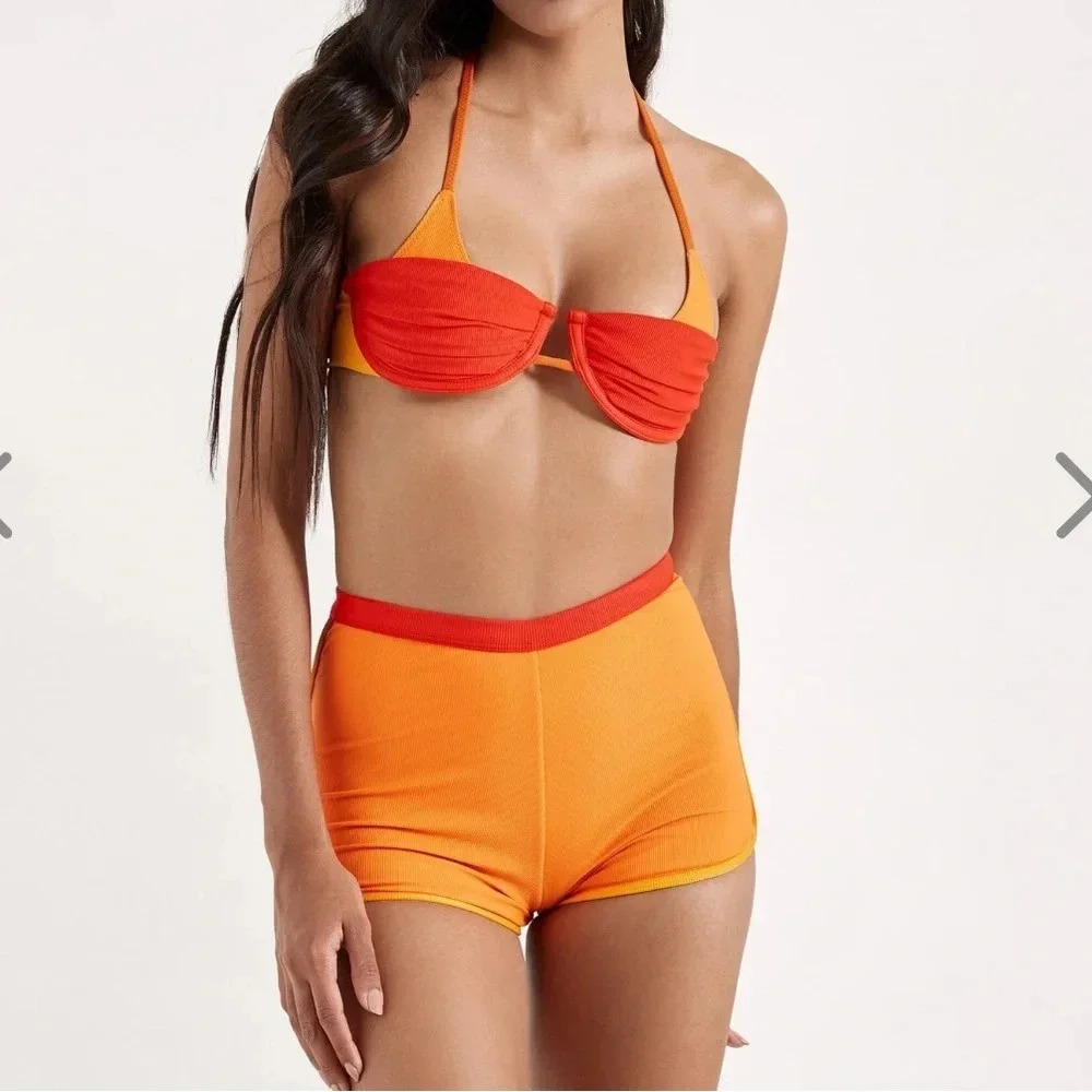 NWT OneOne Swimwear Cairo Shorts Orange Red 2024 New Mini Booty Cute Ribbed - Picture 5 of 6